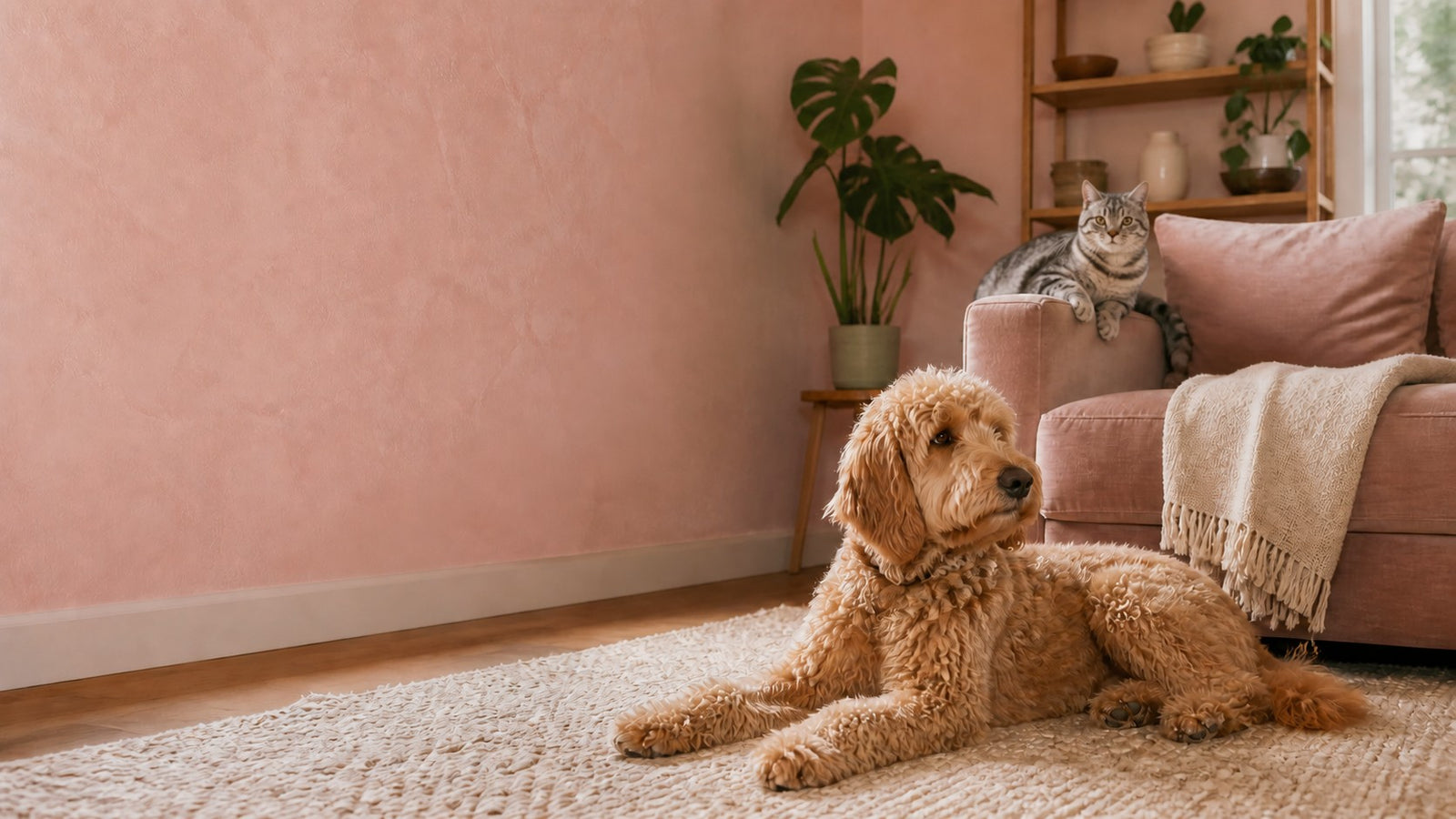 Dog and cat relaxing in a warm pink living room