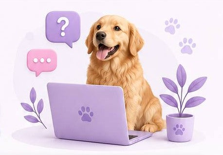 A golden retriever behind a lavender laptop with question and chat bubbles