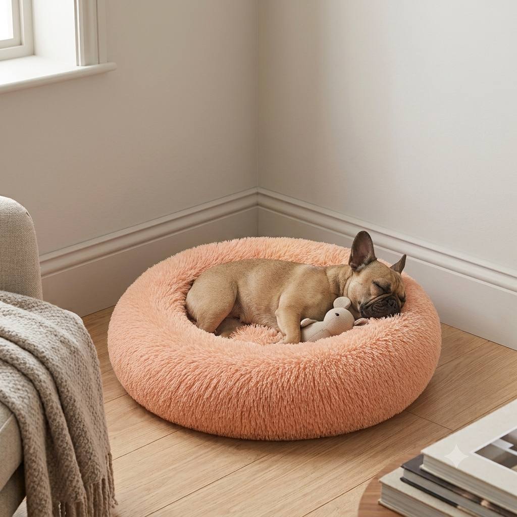 French Bulldog sleeping in an apricot Pawro Calming Donut Bed in a cozy room corner