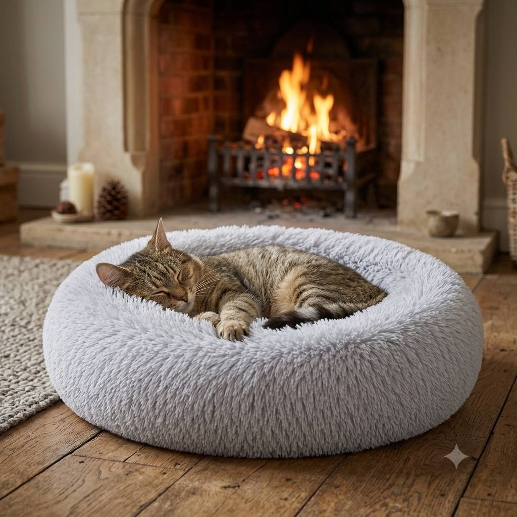 Tabby cat curled up in a light grey Pawro Calming Donut Bed by a warm fireplace