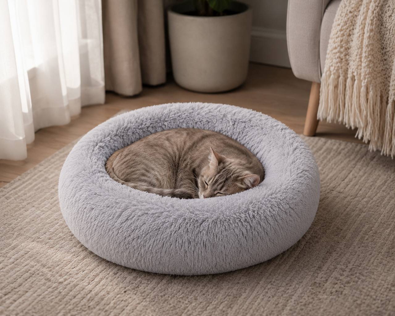Cat sleeping in a light grey Pawro Calming Donut Bed on a cozy living-room rug
