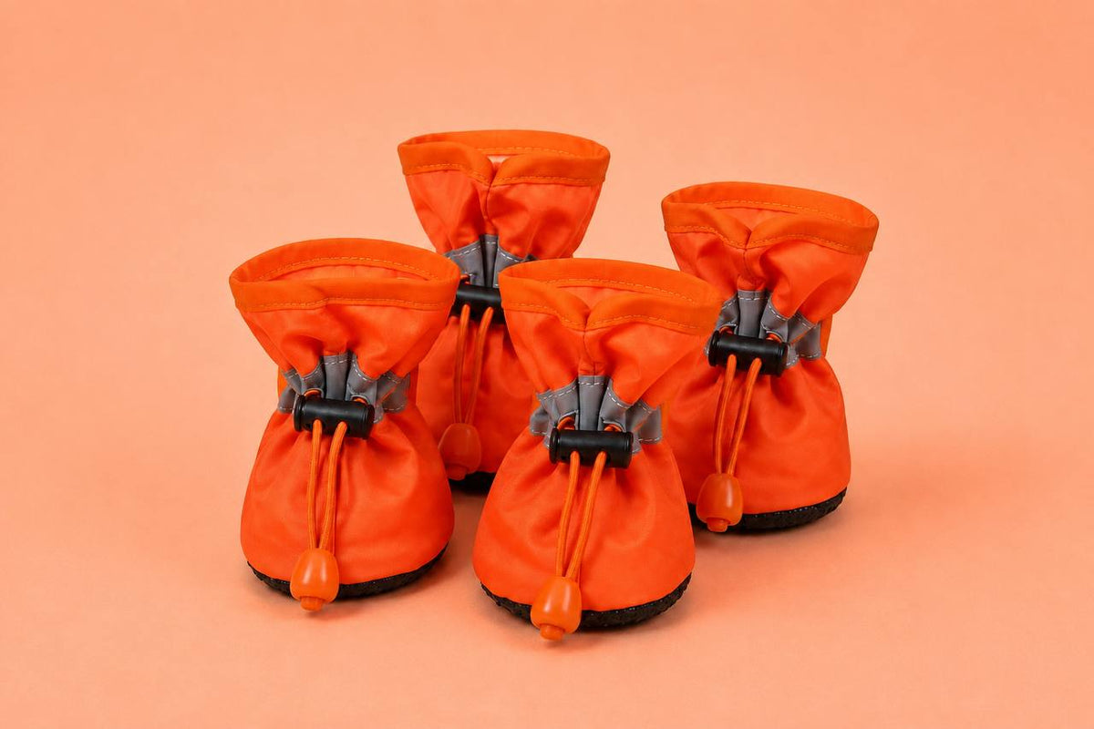Set of four orange Pawro dog boots with reflective straps and anti-slip rubber soles, on an orange background