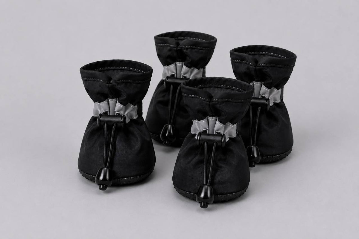 Set of four black Pawro waterproof dog boots with reflective straps and elastic drawstrings, on a grey background