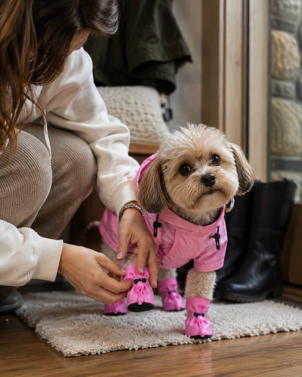Owner putting pink Pawro waterproof boots on a small dog wearing a pink raincoat by the front door