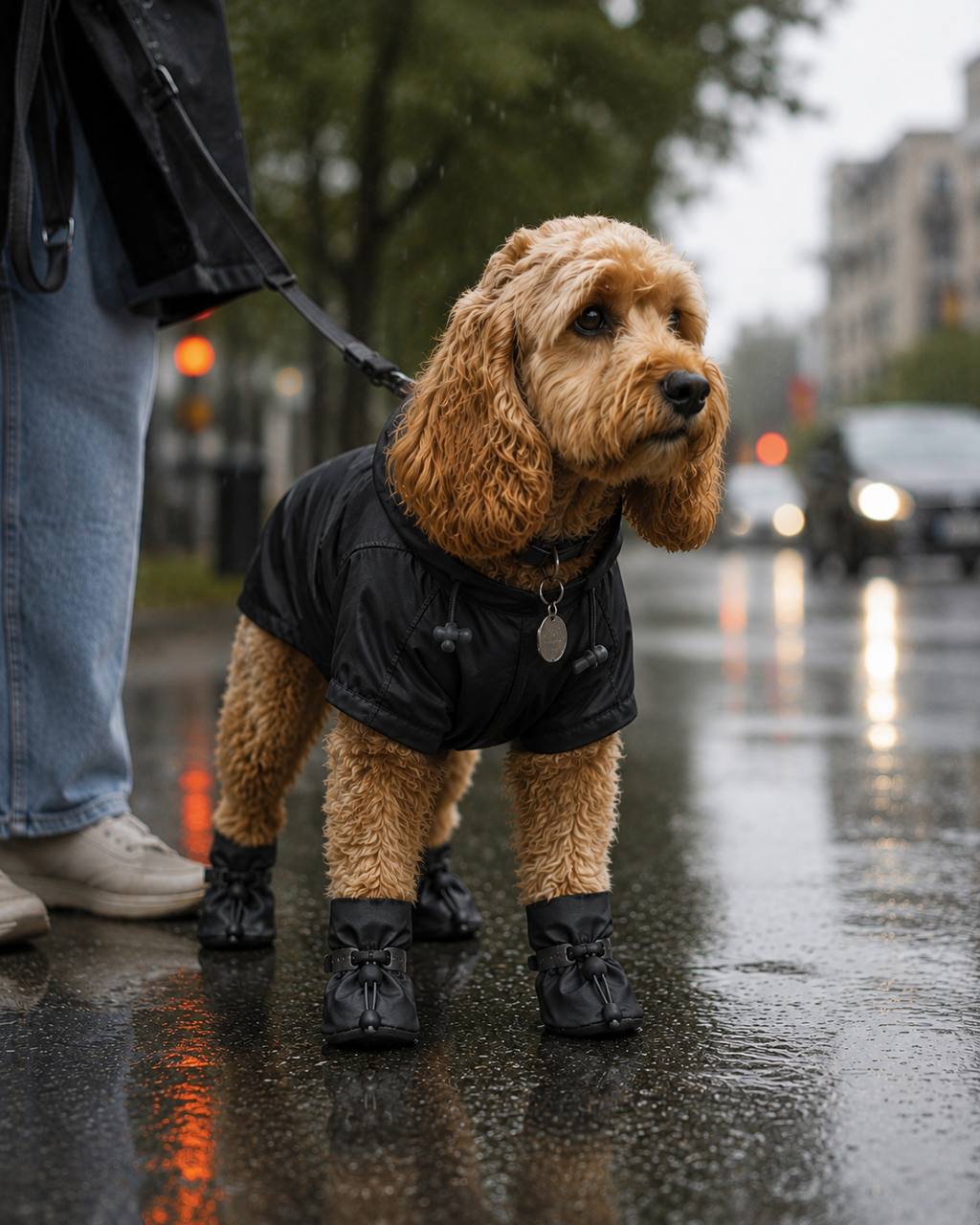 Curly-haired dog in a black raincoat and black Pawro waterproof boots on a wet city sidewalk in the rain