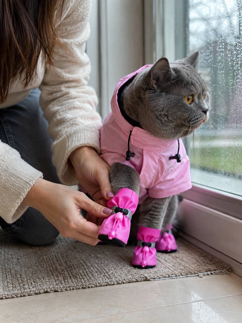 Grey cat in a pink raincoat having pink Pawro waterproof boots put on by a rain-streaked window