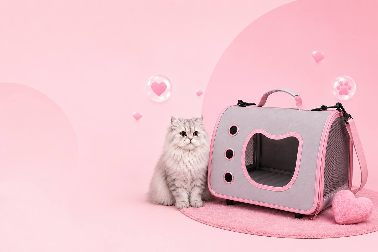 A fluffy cat next to a Pawro pet carrier