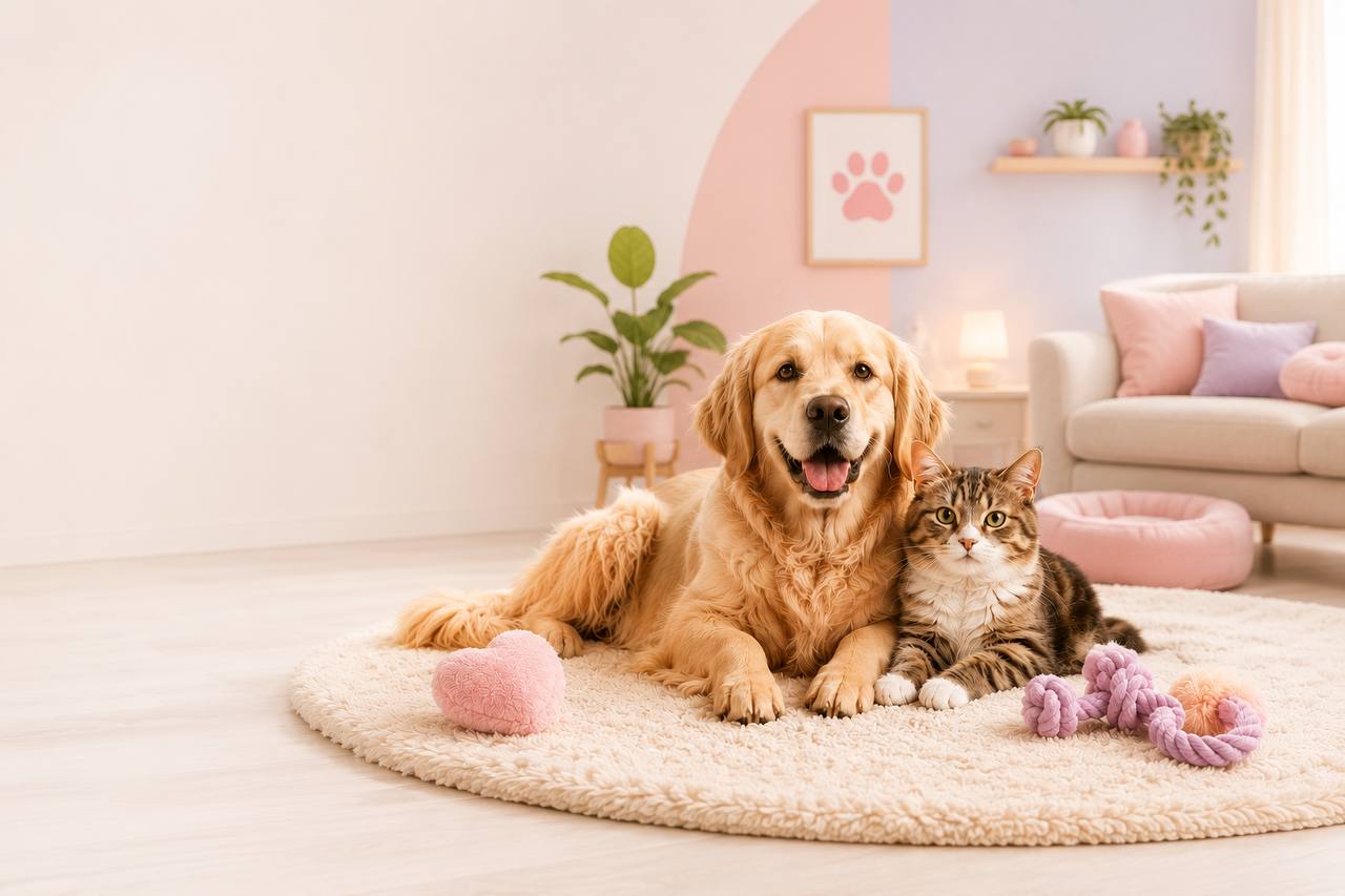 A happy dog and cat at home