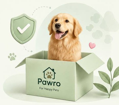 A happy golden retriever sitting in a Pawro delivery box beside a quality-check shield